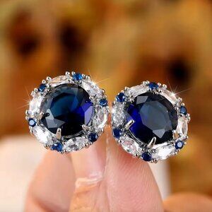 18k White Gold Blue Sapphire Diamond Earrings Round Earrings